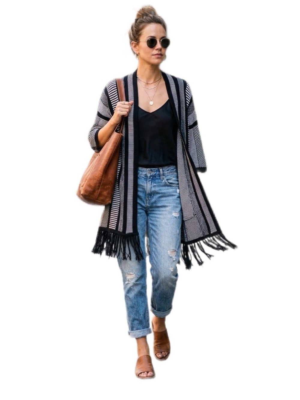 Express Mixed Knit Striped Boho Fringe Duster Cardigan Open Front One Size